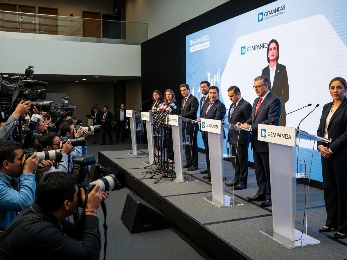 Múltiples podiums acrílicos montados para una rueda de prensa profesional en Ciudad de México