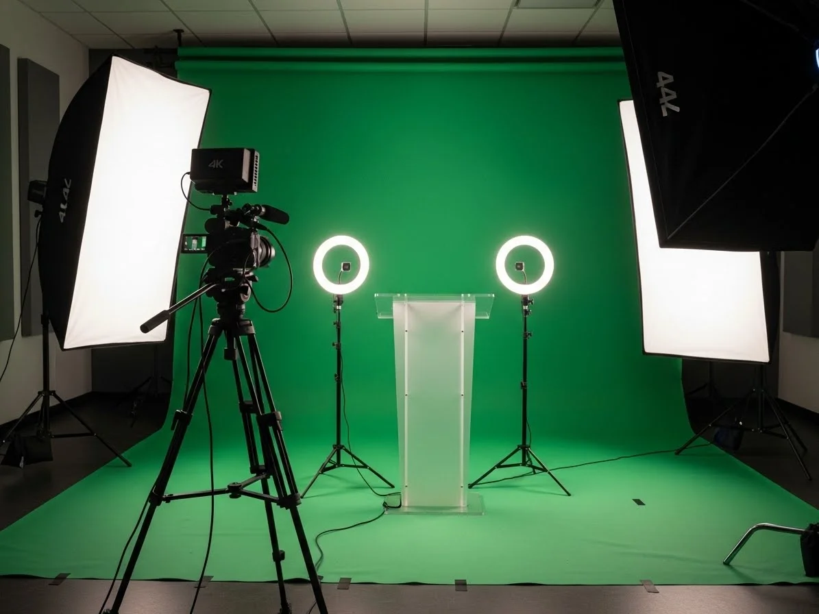 Setup de streaming profesional con podium y chroma key