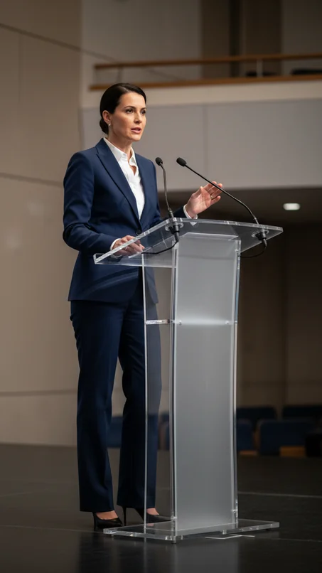 Podium de acrílico en discurso corporativo